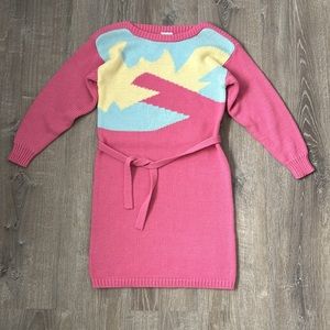 ARIANA Vintage Pink Colorful Knit Tie Waist Sweater Dress